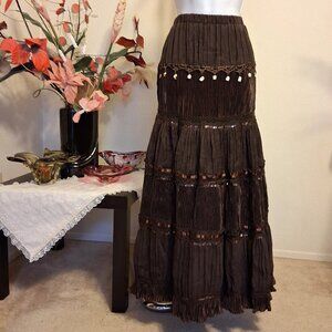 NWT Unique Designed Dark Brown Tiered Pleated Maxi Lined Skirt Lightweight